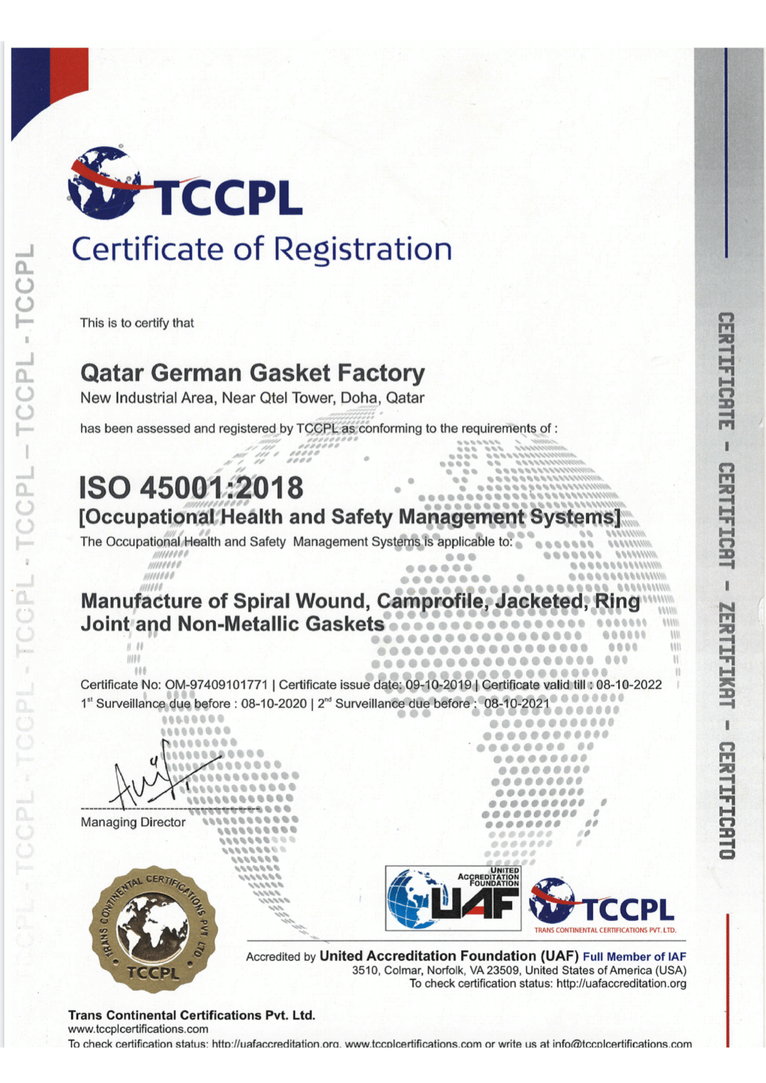 Our Certifications Qatar German Gasket Factory